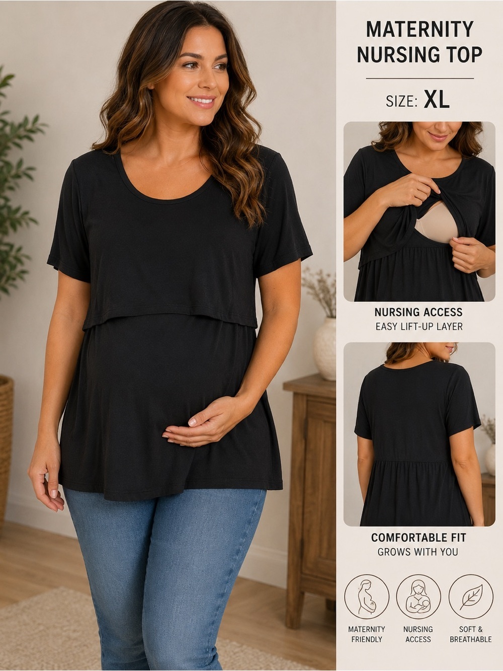 SMALLSHOW Maternity / nursing Black Layered Short-Sleeve Women’s Top XL
